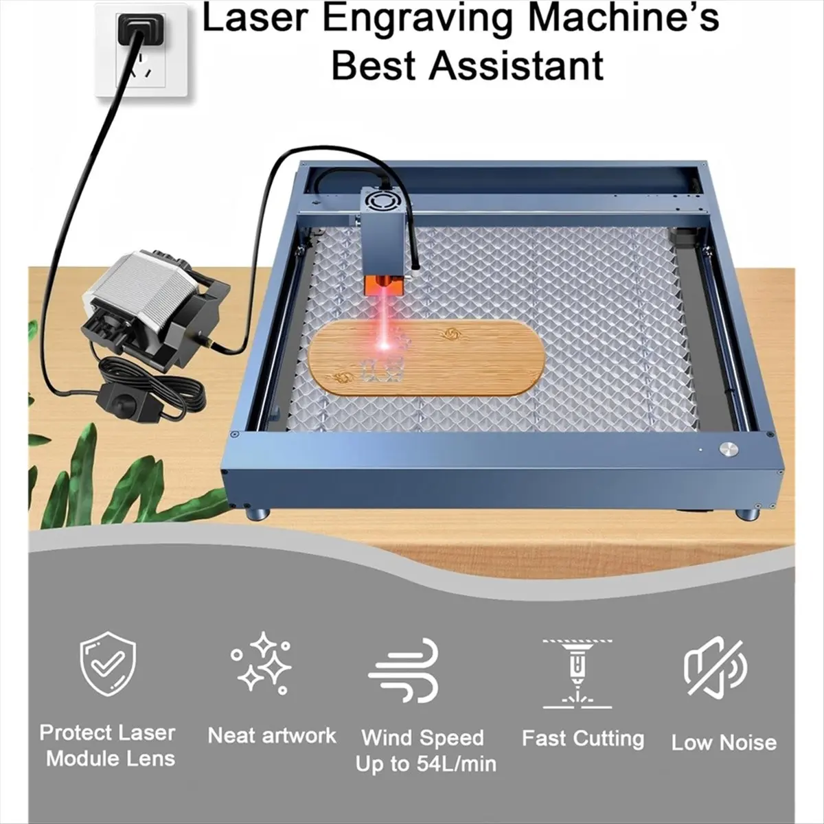 مساعدة هواء HITL للقطع والنقش بالليزر، مساعدة هواء قوية 80 لتر/دقيقة للقطع، مساعدة هواء منخفضة الضوضاء بمقبس أمريكي B