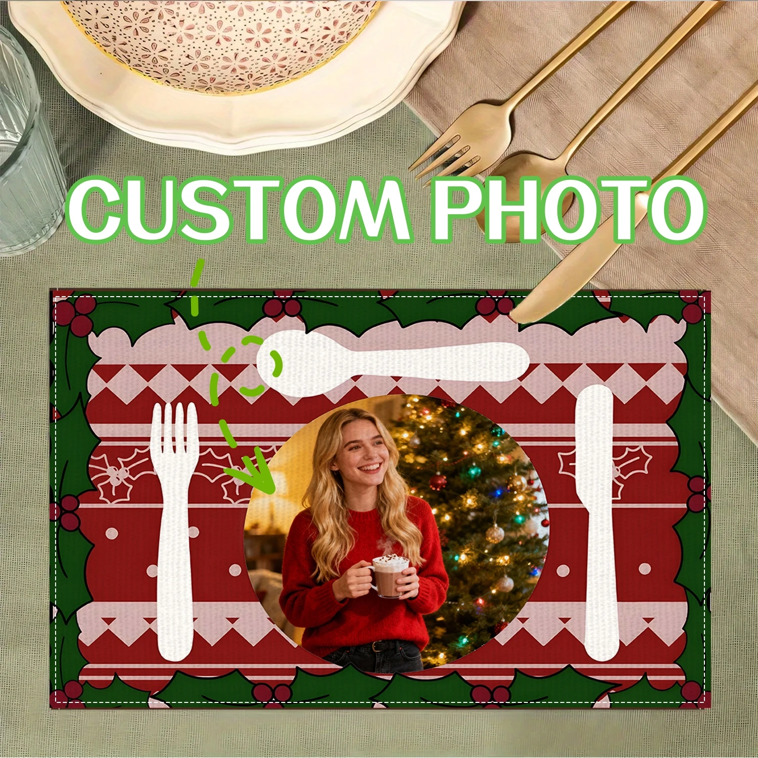 1pcs Custom Photo Christmas Placemats, Valentine's Day Ornaments, Personalized Holiday Gifts for Loved Ones,Table Party Placemat