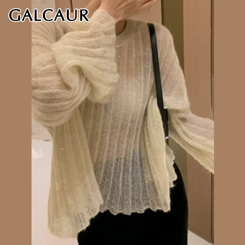 GALCAUR Solid Elegant Spliced Sequins Sweater For Women O Neck Long Sleeve Loose Hollow Slim Knitted Pullover Female Clothes New