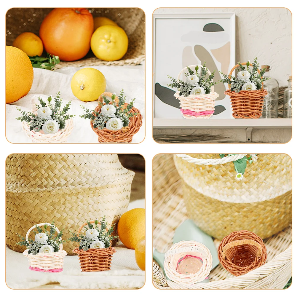 6 Pcs Woven Basket Rattan Flower With Handles Wicker Tiny Mini Baskets For Favors Micro Scene