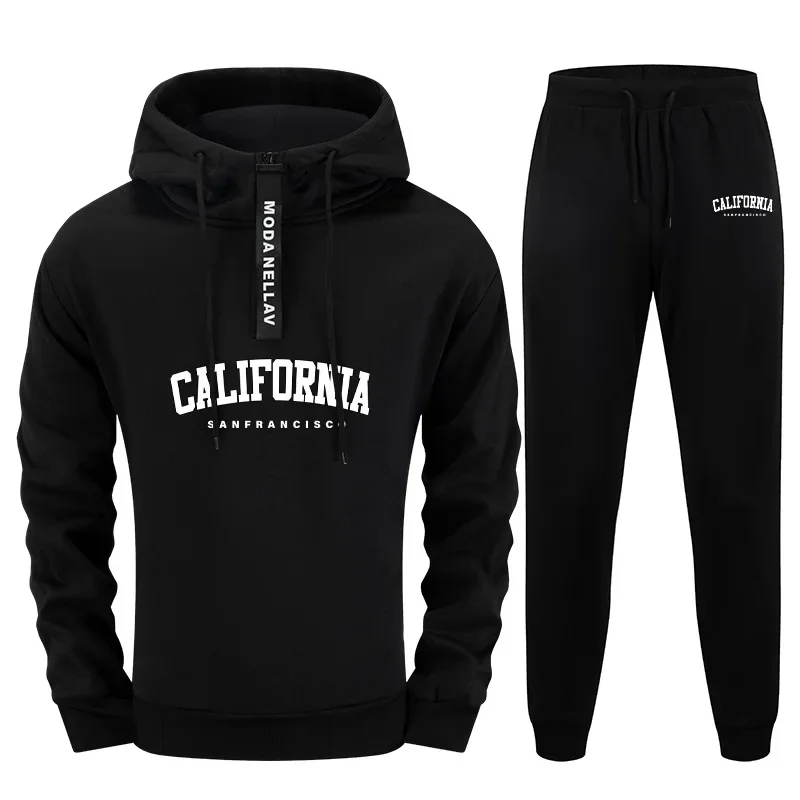

California Fashion Print Hoodie Sweatpants Men's Tracksuit High Quality Half-zip Sweatshirt Black Jogger Pants Casual Sportswear