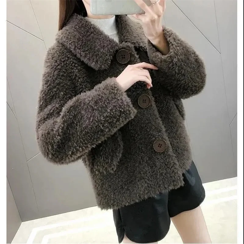 Outono inverno senhoras imitação de lã de cordeiro casaco coreano moda feminina casual jaqueta de pele do falso 2025 feminino mangas compridas de pelúcia outwear