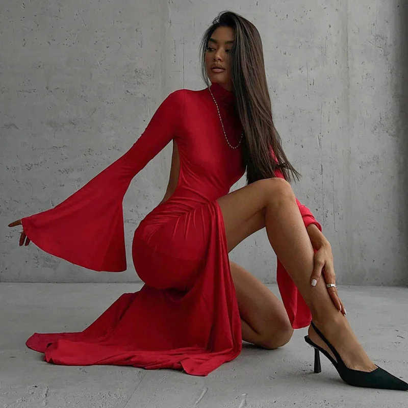 Elegant Red Backless Maxi Dress for Women Fashion Flare Sleeve Bodycon Party Dress Autumn Sexy Slit Christmas Dress 2024