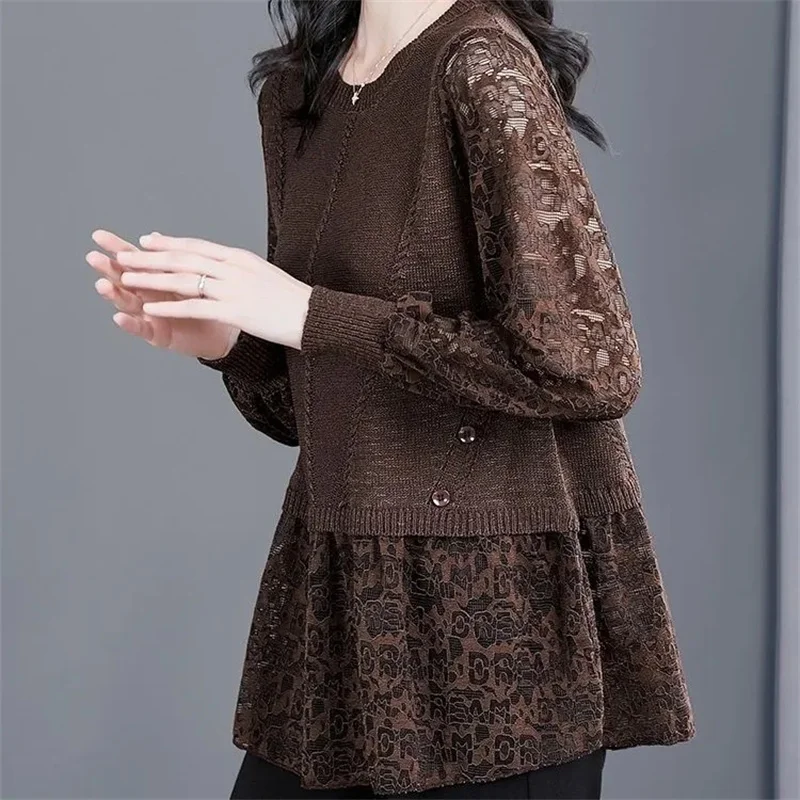 M-6XL Fashion Lace Shirts Spring Autumn New High End Fake Two Pieces Knitted Pullovers Women Large Size Patchwork Long Sweater