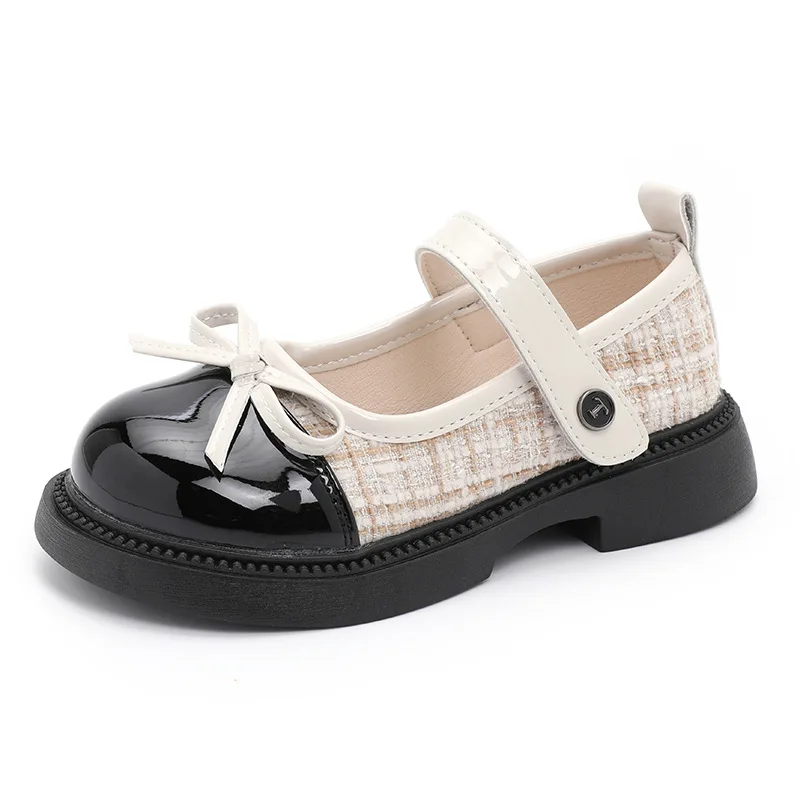 Primavera outono crianças moda sapatos de couro criança elegante cor sólida sapatos sola macia menina houndstooth arco brilhante sapatos princesa