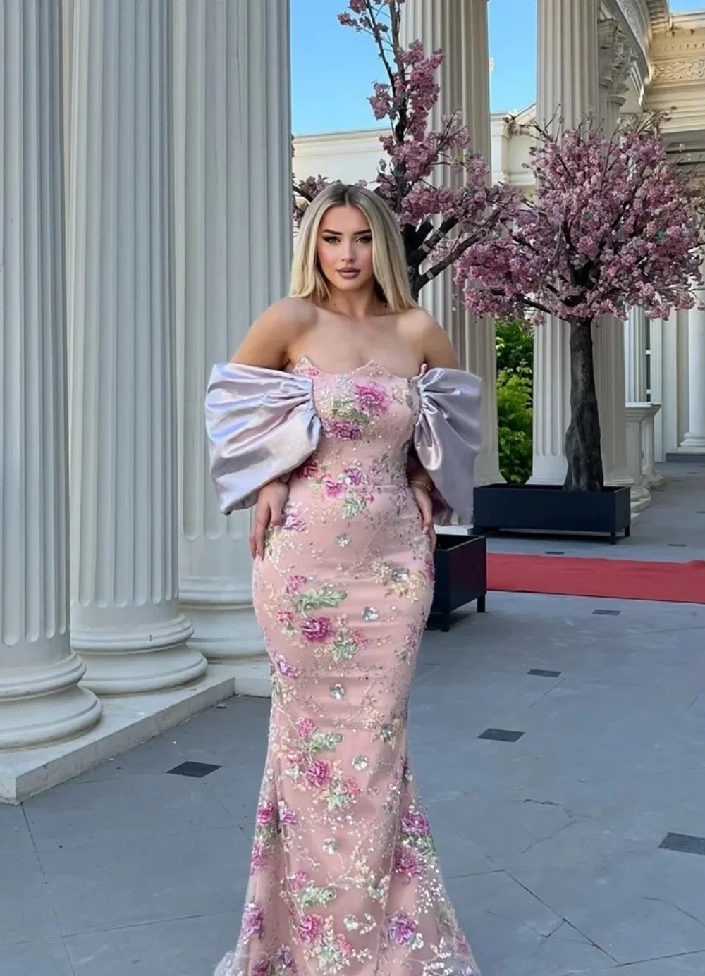 Sansa Customized 2026 Luxury Blush Pink Floral Embroidered Mermaid Gown with Satin Puff Sleeves Beaded Formal Evening Prom Dress