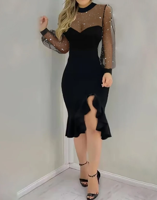 Sexy Elegant Evening Party Dresses for Women Glitter Sheer Mesh Patch Party Dress 2023 Autumn Winter Spring New Fashion Casual