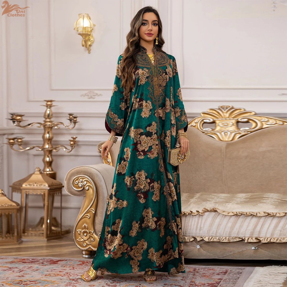 

Muslim Ramadan Elegant V-Neck Satin Embroidery Beading Casual Abaya For Women Jalabiyat Gulf Bindalli Long Sleeve Evening Gown
