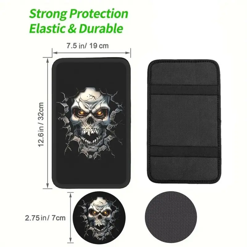 Set Of 1Pc Car Armrest Cover & 2Pcs Cup Coasters 3D Gothic Skull Breaking Through Car Interior Decor