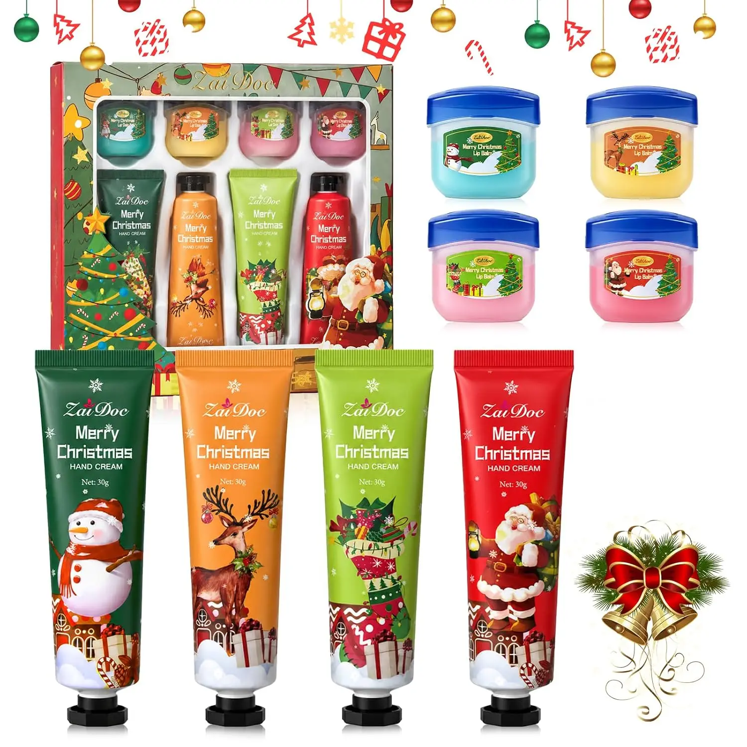 ZaiDoc Muti-Pcs Christmas Hand Cream and Lip Mask Set of 8 Moisturizing Lip and Hand Care Combo for Holiday Xmas Stocking Stuffers Winter Dry Skin Nourishing Hydrating Beauty Gift for Her
