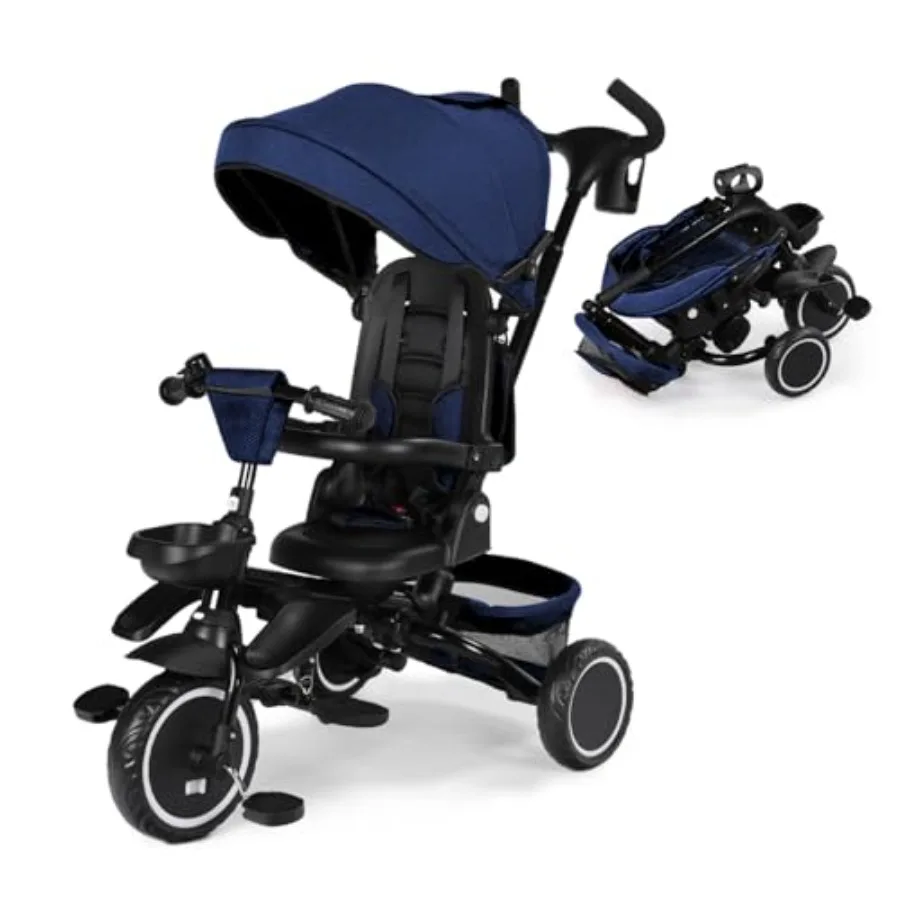 

Детский трехколесный велосипед Kinder King 8 в 1, складной, с регулируемой ручкой для толкания, поворотным сиденьем, регулируемым козырьком, звонком и пятиточечными ремнями безопасности