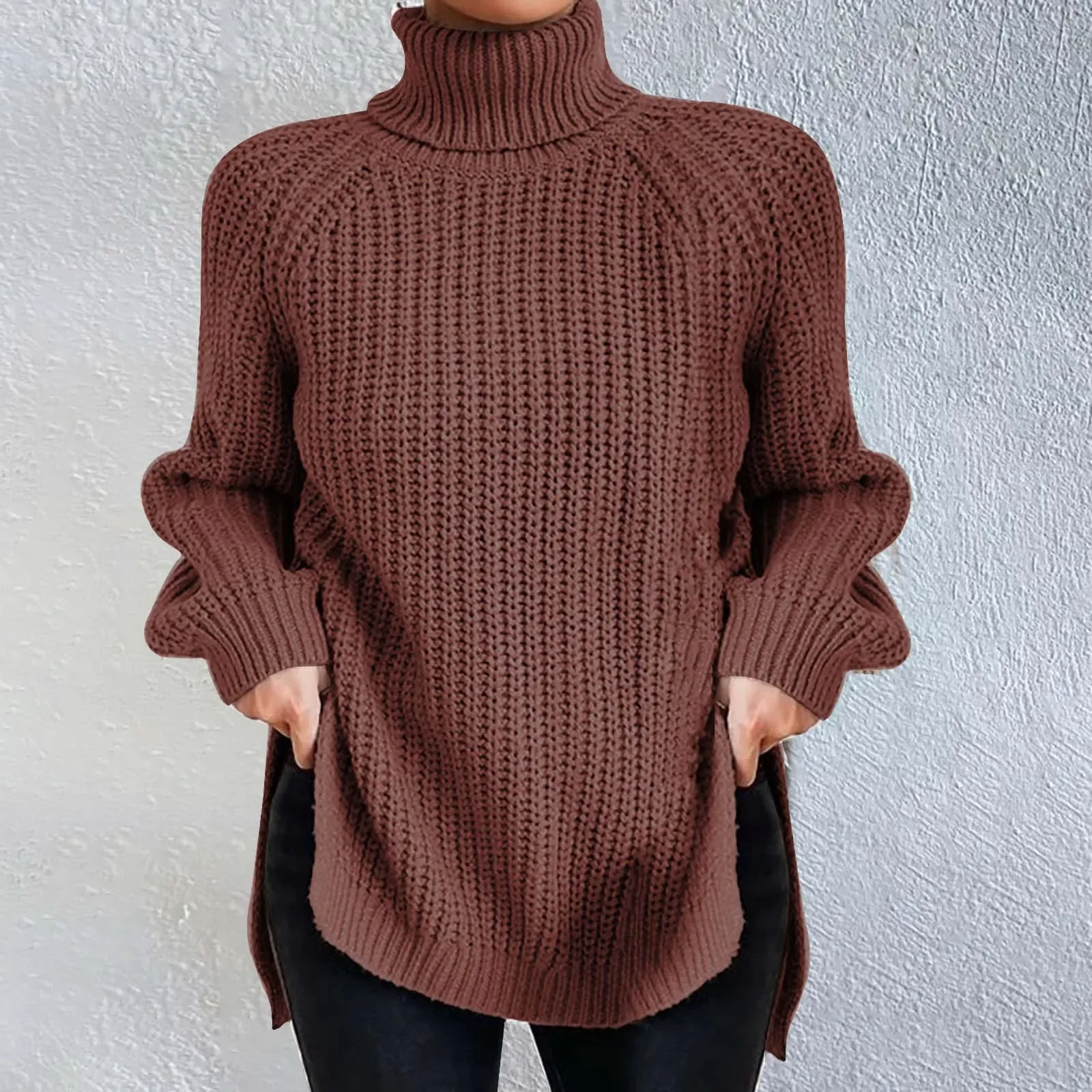 Sweater Women's Knitwear Autumn/Winter New Product Wish Knit Medium Long Sleeve High Flip Collar Split Sweater Dress for Tops