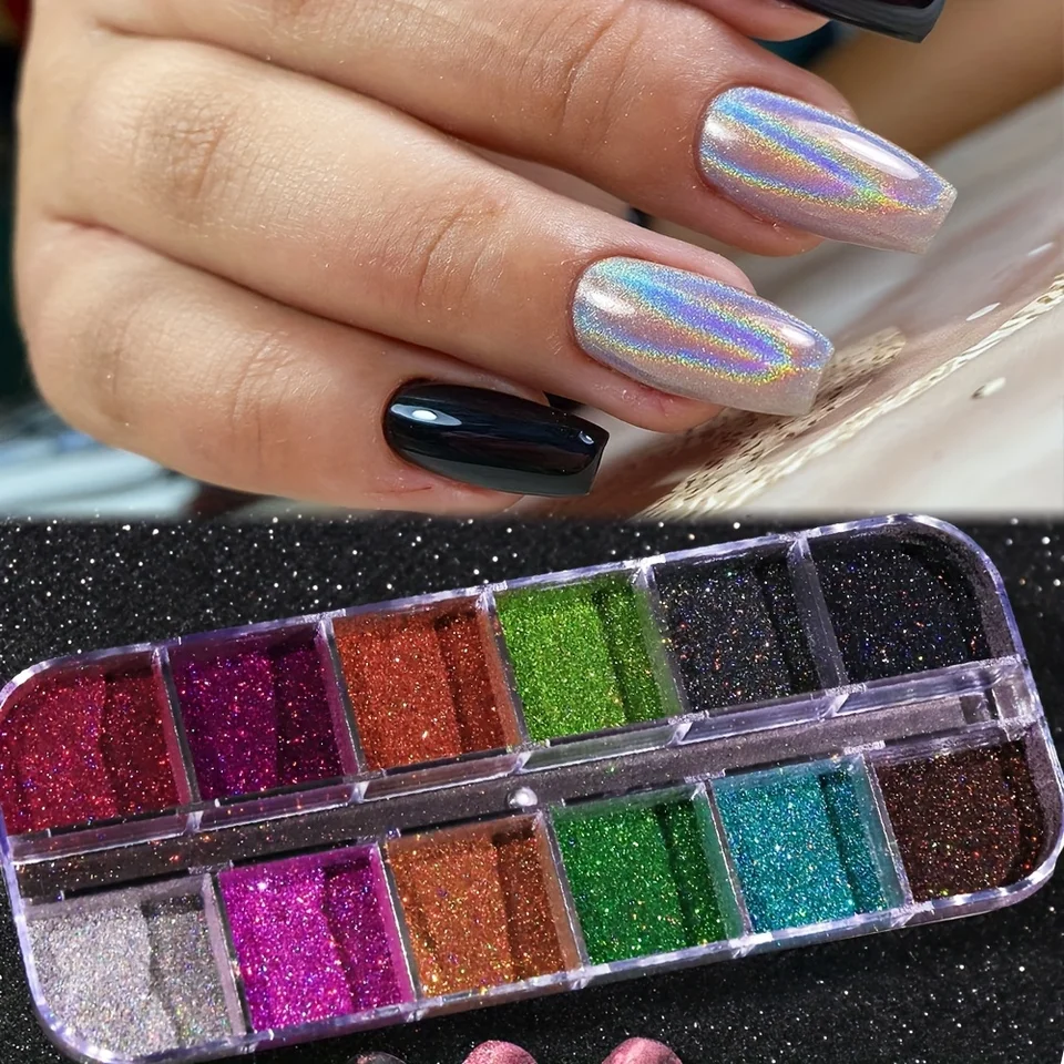 Set de polvo holográfico plateado, rub negro, rosa, cromo, brillantina láser para uñas, manicura DIY 3