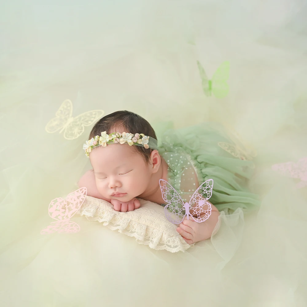 Newborn Photography Props Butterfly Themed Green Tulle Dresses+Headband Set Butterfly Decor Props for Professional Photographers