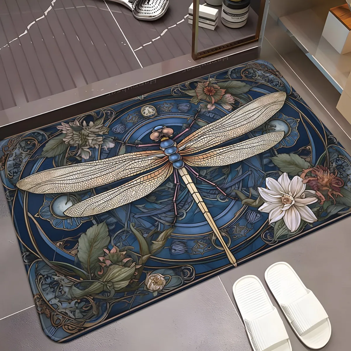 1pc Blue Dragonfly Welcome Doormat, Non‑Slip Absorbent Machine‑Washable Microfiber Floor Mat for Bedroom, Living Room, Entryway
