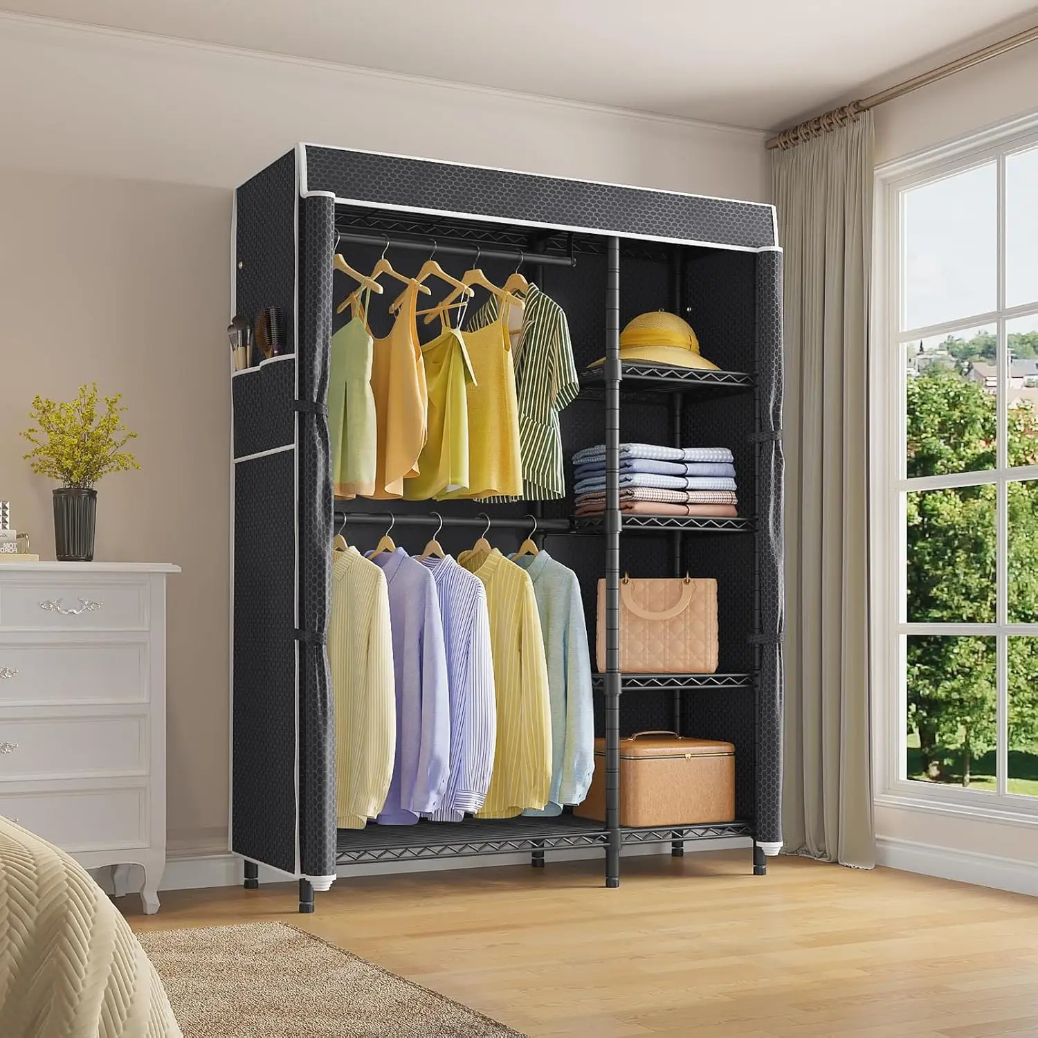 Portable Closet Wardrobe Heavy Duty Clothes Hanging Rack with Fabric Cover, Customized