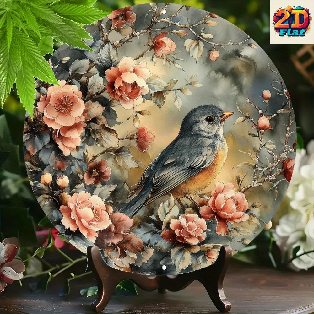 Vintage Gray & Pink Floral Bird Wall Decor - 2D Flat Round Metal Wall Art with Muted Brown/Beige Tones, Durable Aluminum Hanging