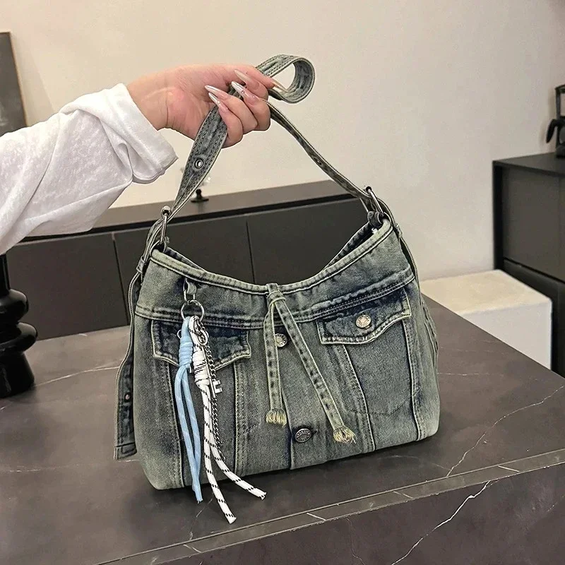 

Punk Rock Denim Crossbody Bag Grunge Festival Essential for Concerts & Travel Trendy High Capacity Mom's Commuter Travel Bag
