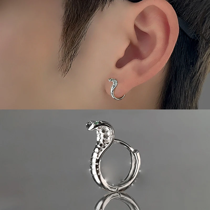 1PCS Hip Hop Punk Gothic Copper Zircon Green Eye Snake Earrings Personality Cool Cobras Hoop Earrings Jewelry For Men Women