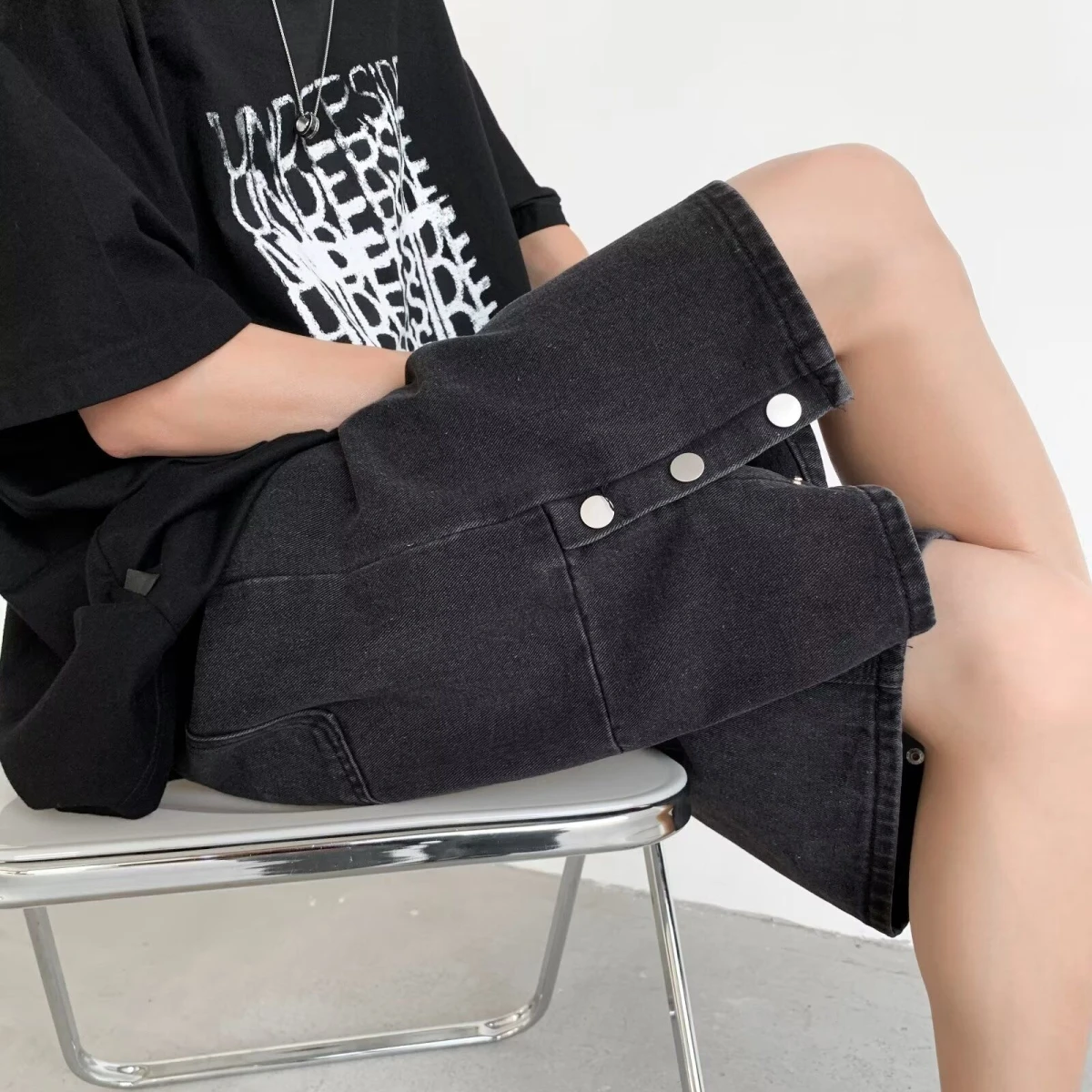 

Summer Thin American Retro Loose Wide Leg Design Trendy Brand Five-Quarter Jeans Men's ort orts Cotton Elastic Denim