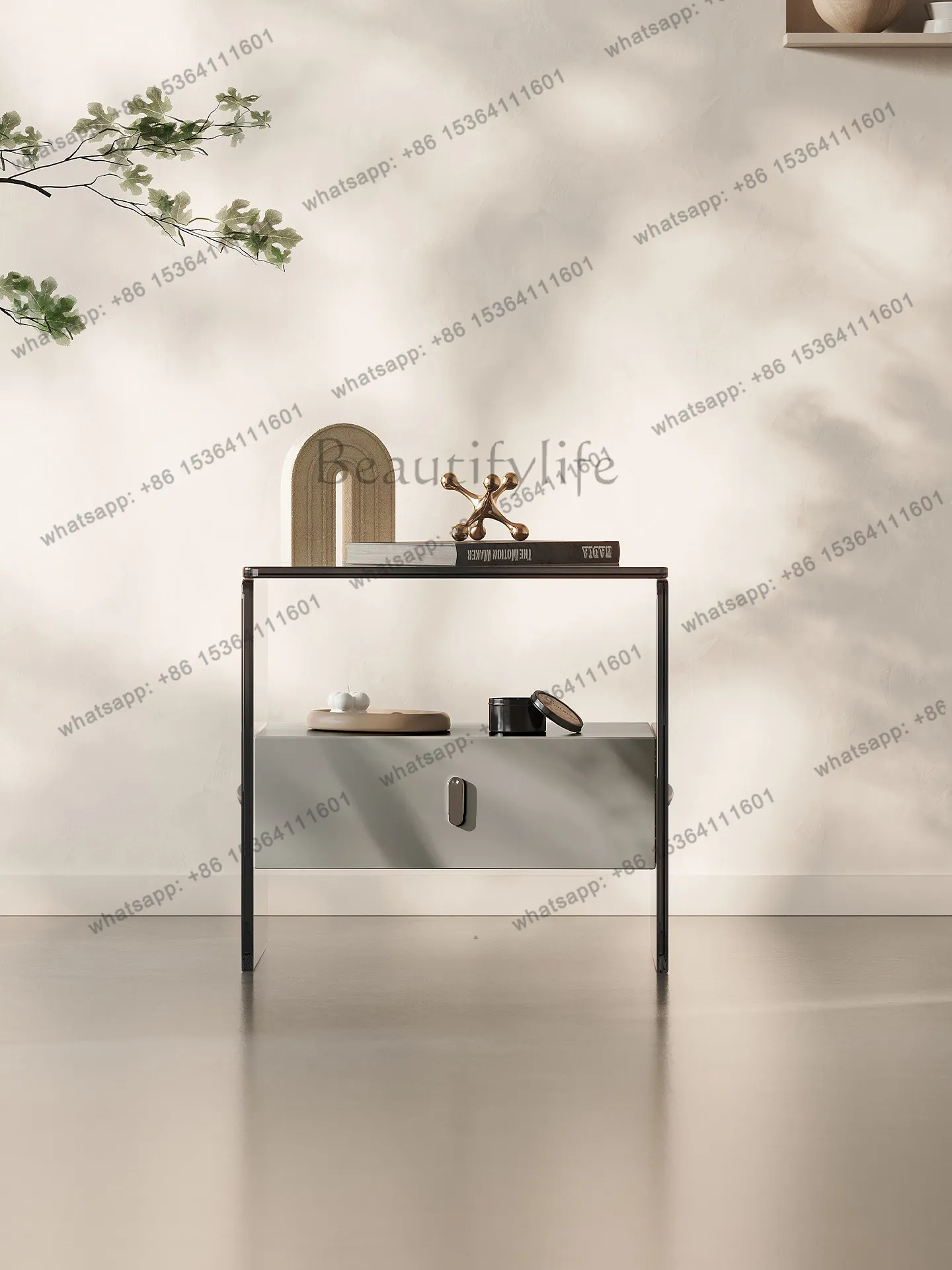 Italian minimalist design bedside cabinet bedroom high art tempered glass light luxury style
