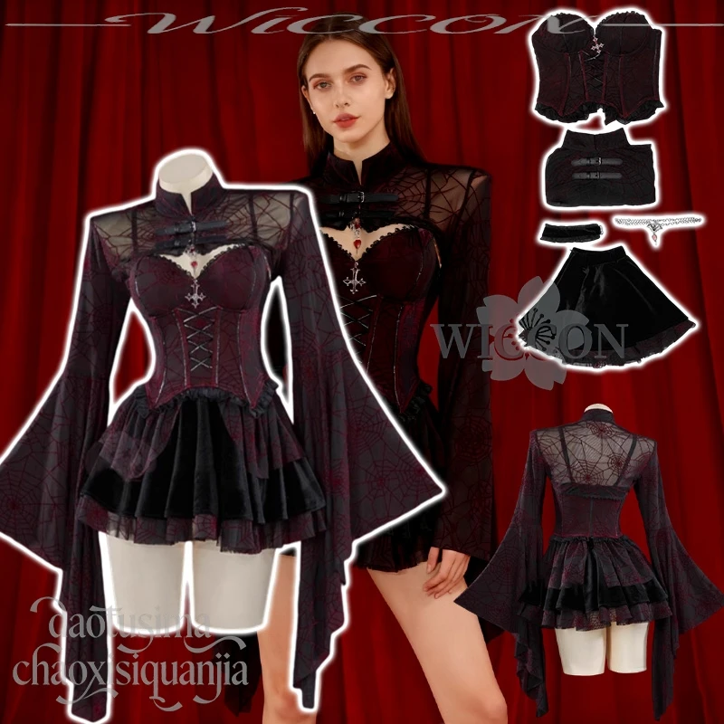 

Готическое красное, черное бархатное мини-платье с ремешком в виде паутины для девочек, Хэллоуин, Рождество, оригинальный дизайн, Джирай