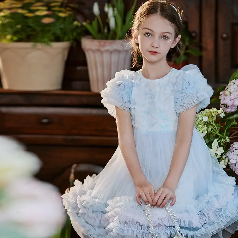 Flower Girl Dress Back Big Bow Pageant Tulle Skirt Butterflies Princess Party dresses Summer Pink Blue Baby Birthday Clothes