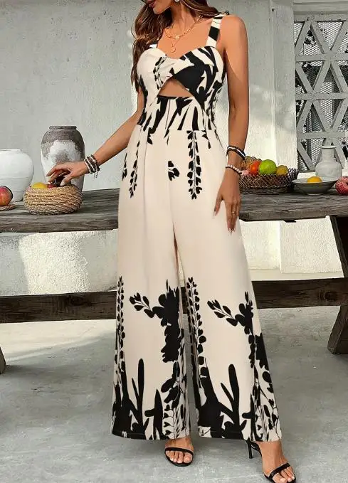 New 2023 Elegant Sexy Ethnic Style Printed Drawstring Waist Jumpsuit with Twisted Design Casual Vacation Style Women's Jumpsuit