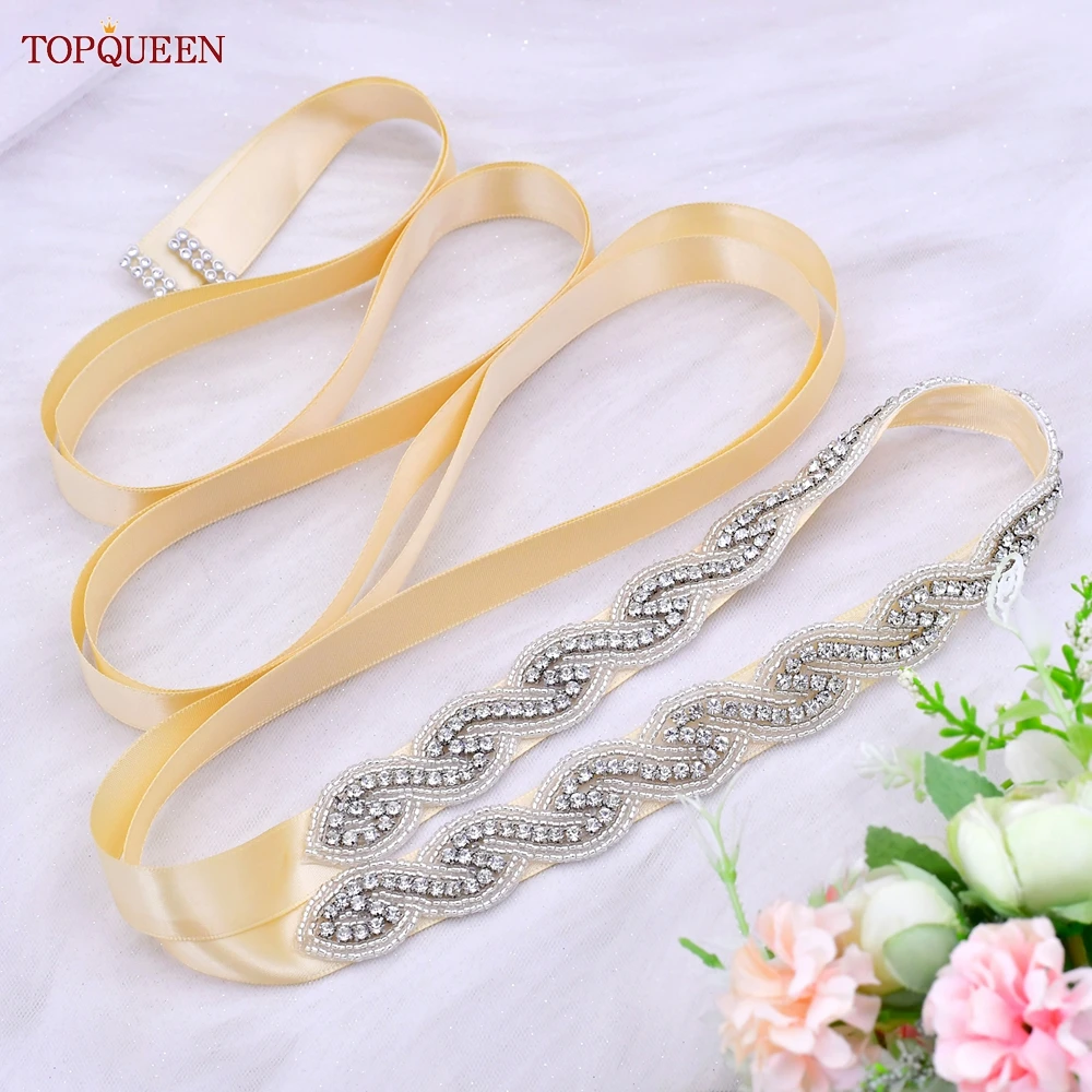 TOPQUEEN S62 Bridal Belt 2022 새로운 크리스탈 골치 아픈 건 새시 드레스 라인 석 아플리케 수제 여성 거들 웨딩 액세서리