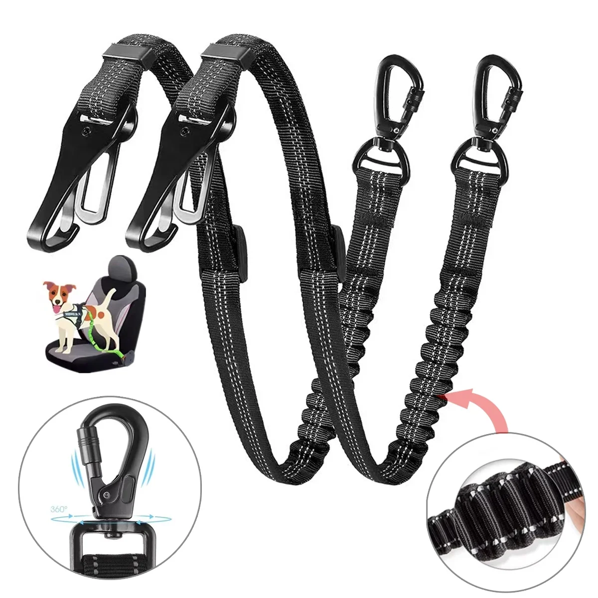 

3 in 1 Plug and Snap Dual Use Car Seat Belt for Dog with Strong Buffer&Reflective Pet Retractable Dog Leash for Dogs Supplies