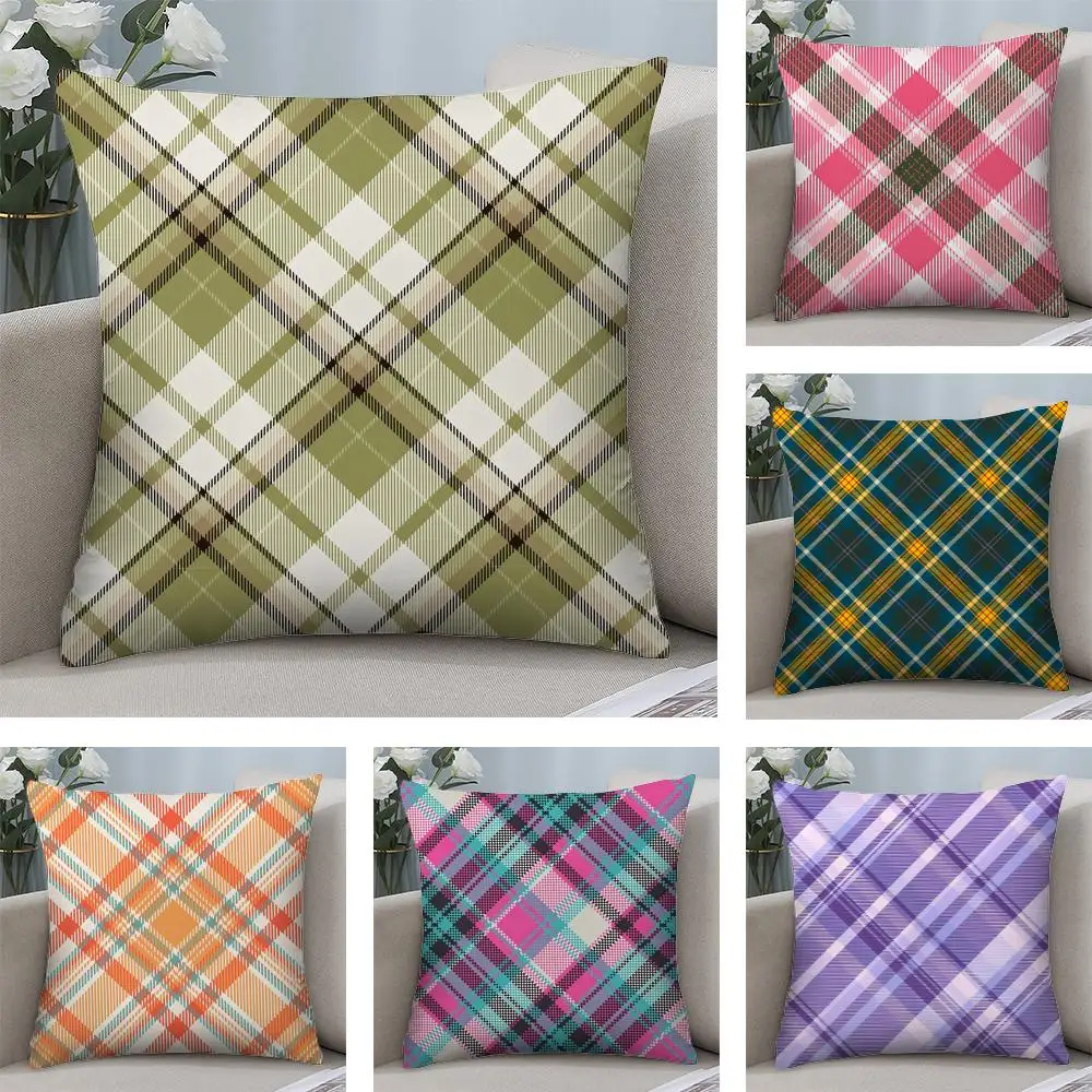 

Fashionable Check Stripe Cushion Cover Short Plush Double-sided Print Square Throw Pillow Covers Sofa Home Cushion Decor