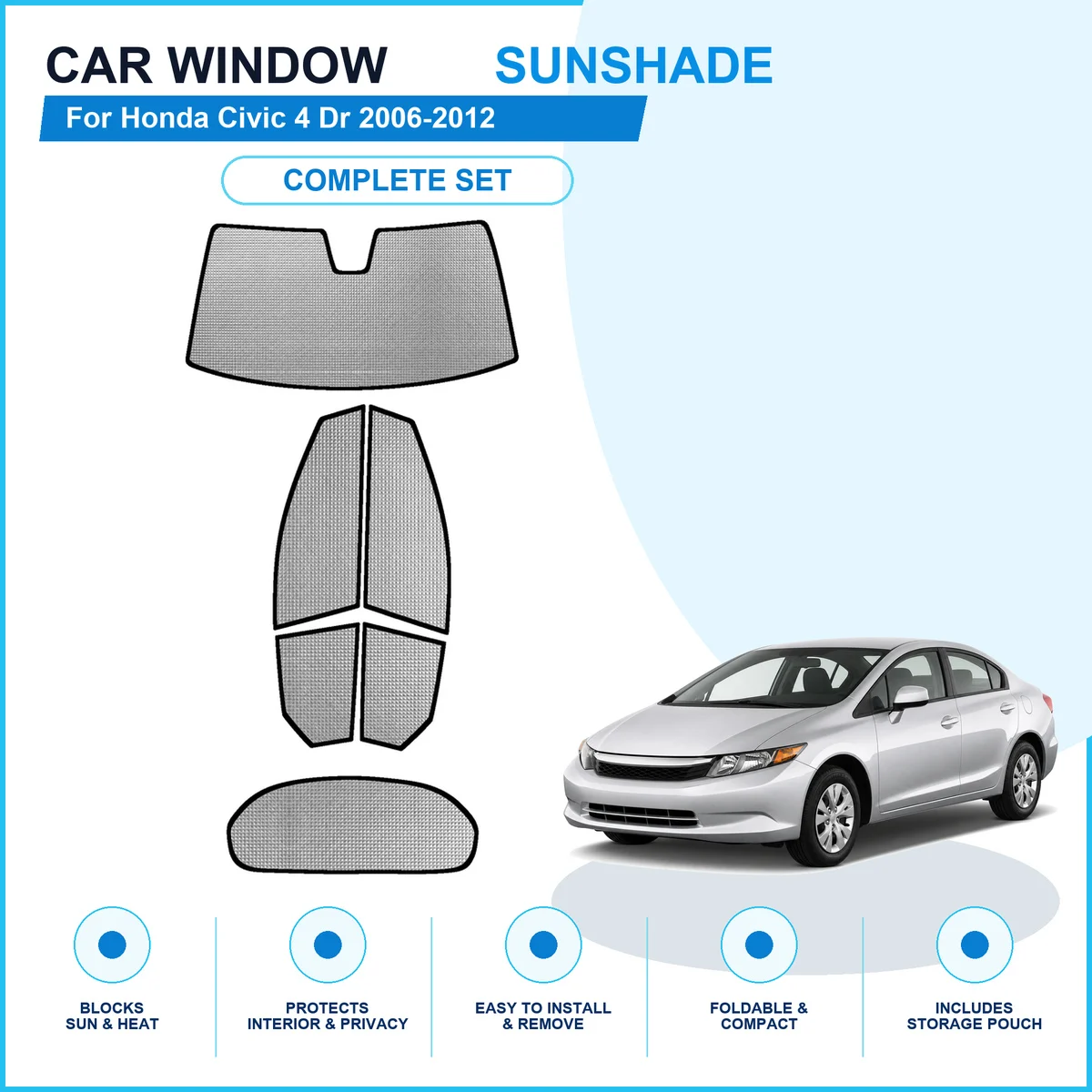 For Honda Civic 4 Dr 2006-2012 Custom Full Set Window Sunshades Aluminum Foil Suction Cup Anti UV Privacy