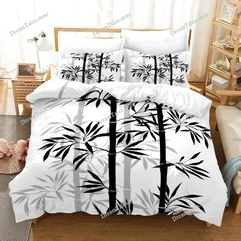 

Wash Flower Bamboo Wash Painting Style Duvet Cover Pillow Case Bedding Set Quilt Cover Double Bed Home Textile Luxury Gift