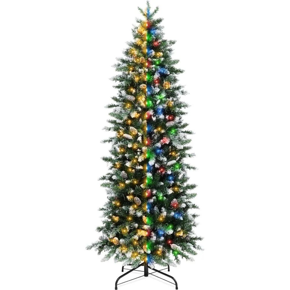 

6.5Ft Prelit Fraser Fir Flocked Artificial Slim Christmas Tree with 300 Warm White&Multicolor Change Lights,Timer 8 Mode.