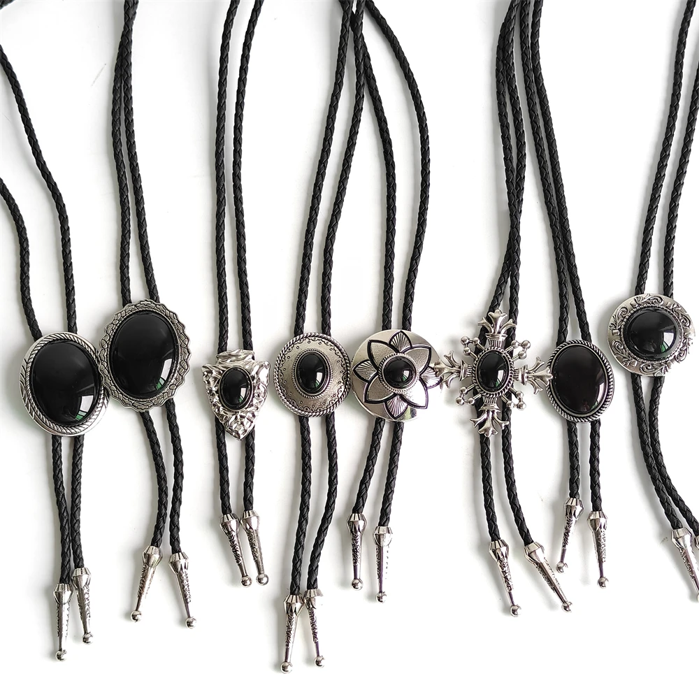 Vintage Black Stone Bolo Tie Silver Cowboy Necktie Handmade Cross Arrowhead Flower Pendant Western Leather Rope Jewelry Gift