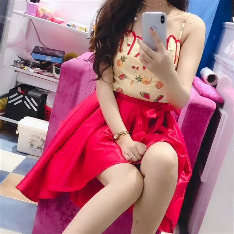 

Elegant Retro High Waist Irregular Red Swallow Tail Fluffy Skirt Short Before Summer Long Pleated A-line Skirt Fashion Vintage