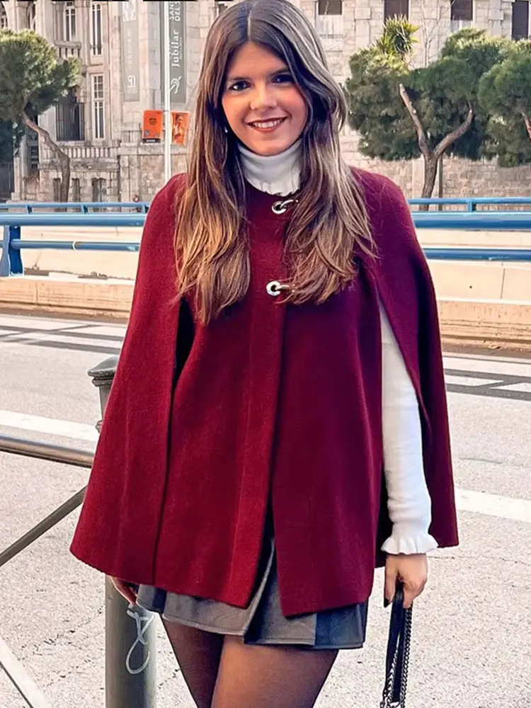 HH Female Elegant Cape Style Jacket Dark Gray O-Neck Long Sleeve Metal Button Knitted Tops Autumn Coats Woman 2024 Trendy