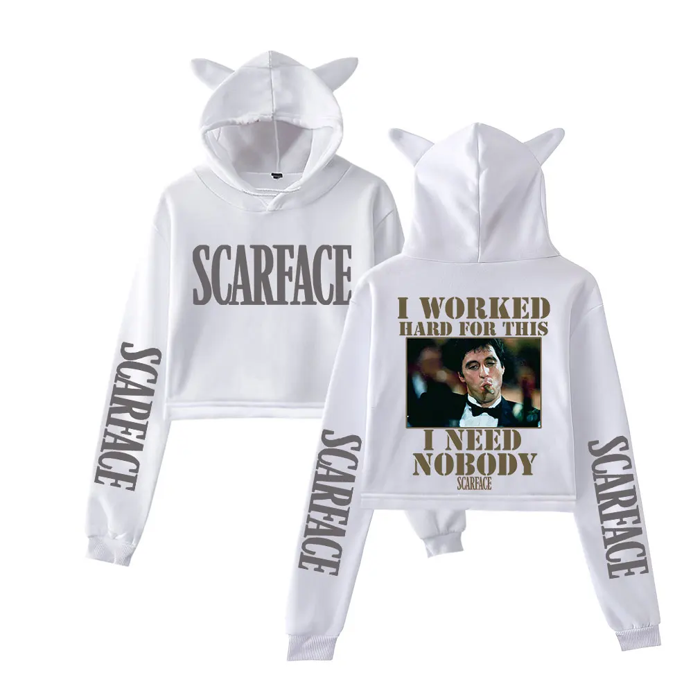 I Worked Hard for This I Need Nobody Scarface Hoodie Vintage 90s Streetwear Merch Hoodies Sweatshirts for Girls Cat Ear Crop 