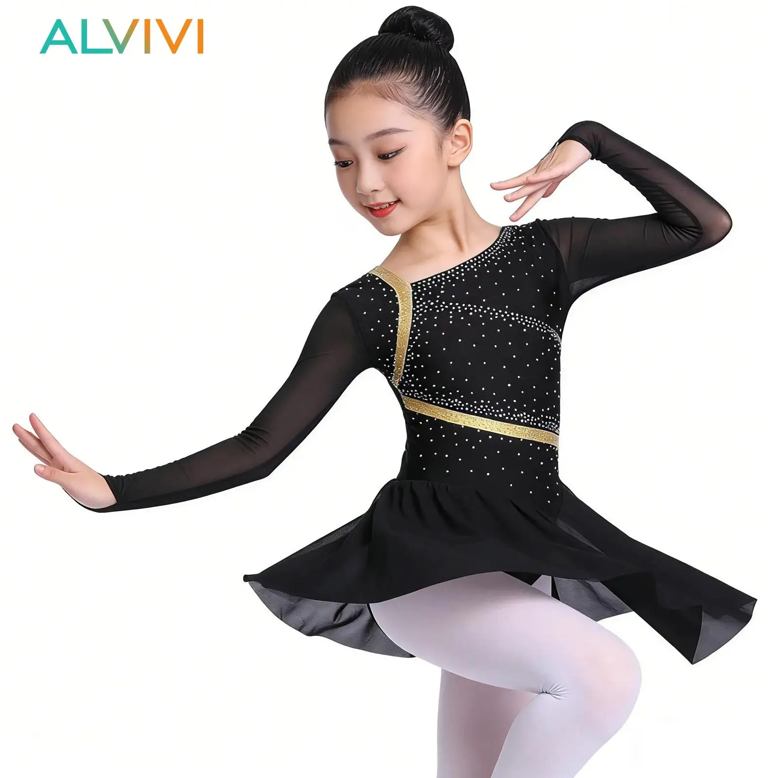 

Kids Girls Asymmetric Hem Skating Dress Rhinestone Mesh Spliced Performance Outfit Gymnastics Ballet Lyrical Dance Costume