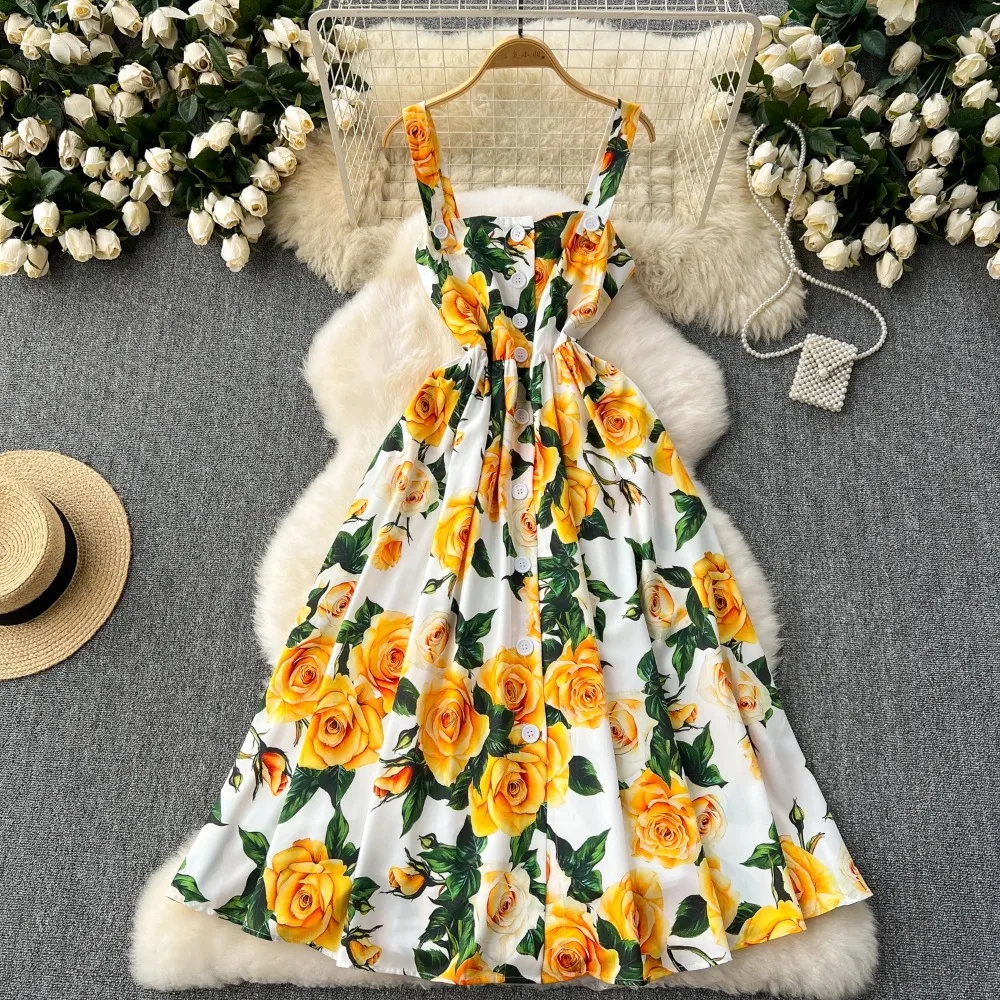 Sexy Backless Print Pleated Slip Dress A-line Chic sweet Casual basics Beach Vacation Women Summer Vintage bohemian Dresses