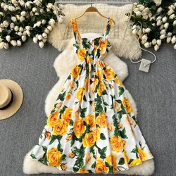 Sexy Backless Print Pleated Slip Dress A-line Chic sweet Casual basics Beach Vacation Women Summer Vintage bohemian Dresses