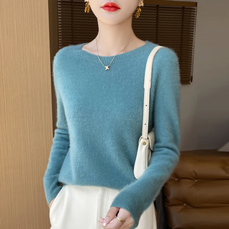 Fall/Winter 2024 New 100% Merino Wool O-neck Long Sleeve Solid Color Loose Knitted Pullover Knitted Bottom Shirt Sweater