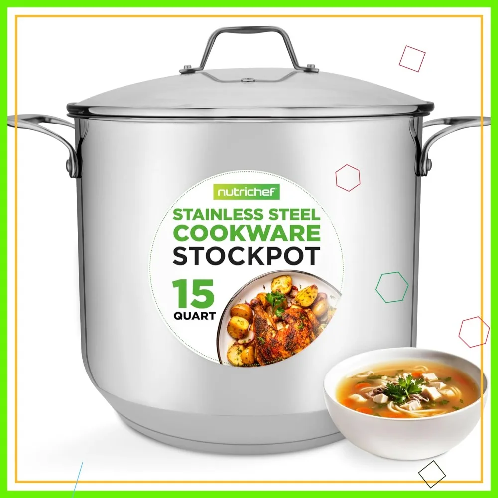 

15-Quart Stainless Steel Stock Pot with Glass Lid, Induction Compatible for Stews & Soups, Dishwasher Safe