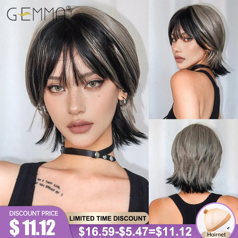 

Short Straight Layered Black Sliver Gray Synthetic Wig with Bangs for Women Natural Hair Cosplay Party Cool Wigs Heat Resistant