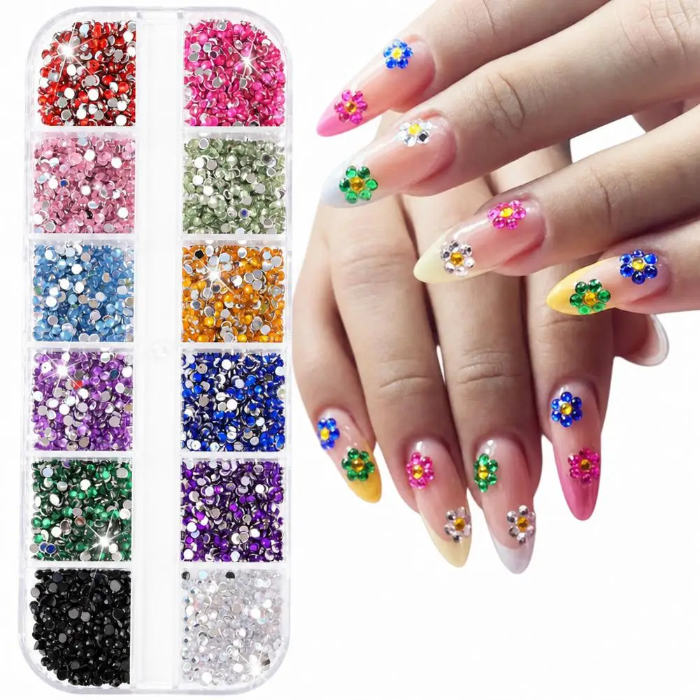 12 Grids Multicolor Nail Rhinestones Flat Back Shiny Crystal Diamonds Gems DIY 3D Flower Nail Art Decorations Manicure Supplies