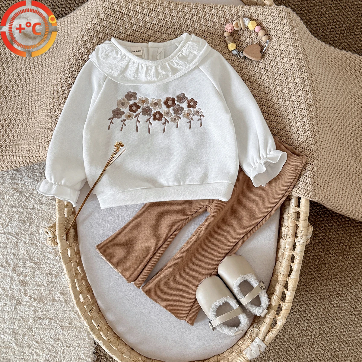 

Toddler Girls Plush and Thickened Outfits Flower Embroidery Long Sleeve Sweatshirt Pants Set Fall Winter Clothes