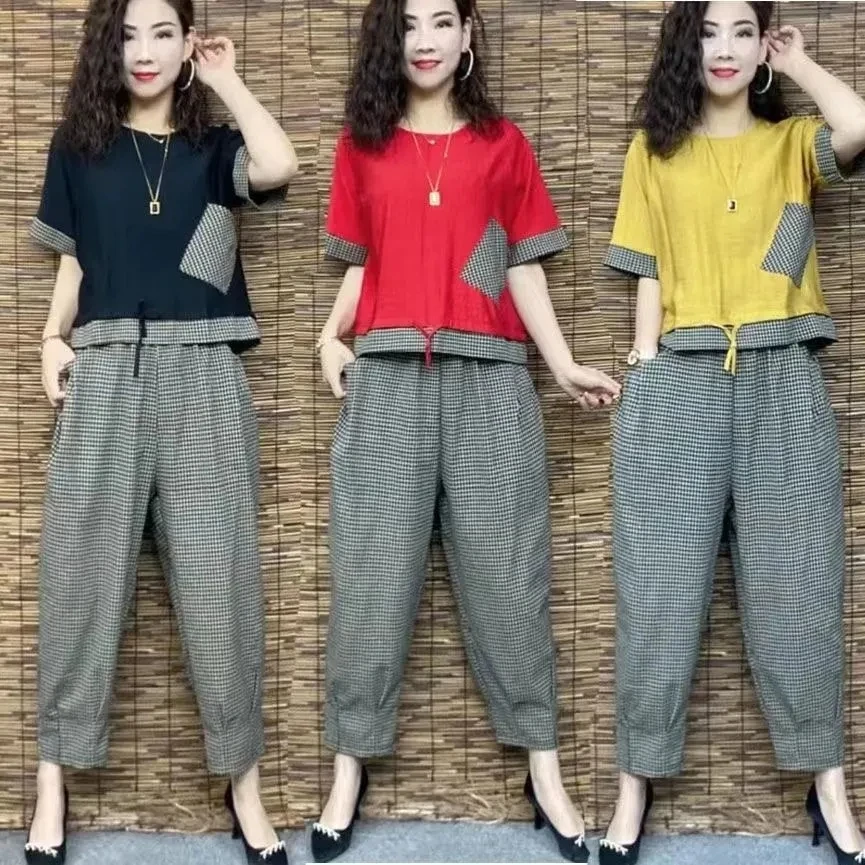 plai Summer Clothes New Plaid Cotton And Linen Short-Sleeved Suit Women\'s Fat MM T-Shirt And Pants Two-Piece Sets Female Fashion