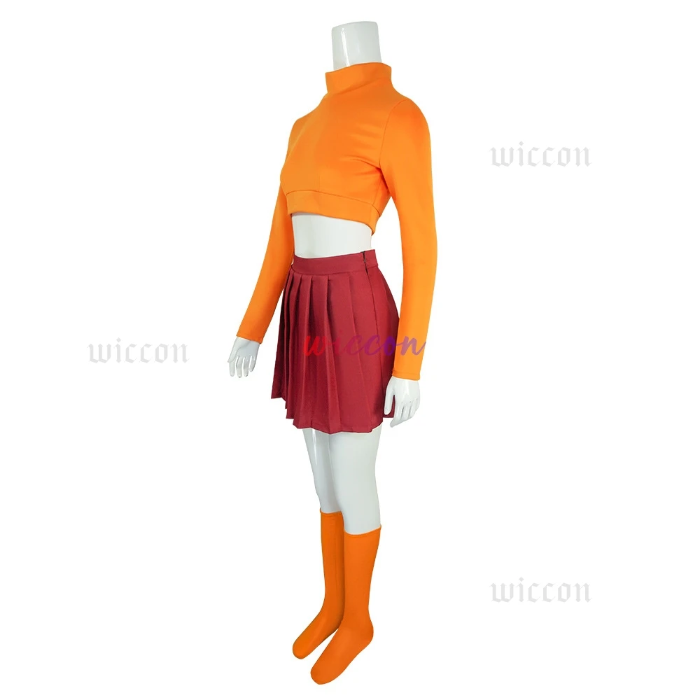 CosplayAnime Velma Seragam Cosplay Kostum Orange Short Skirt Uniform Wanita Oranye Kaus Kaki Rok Atas Halloween Party Carnival S