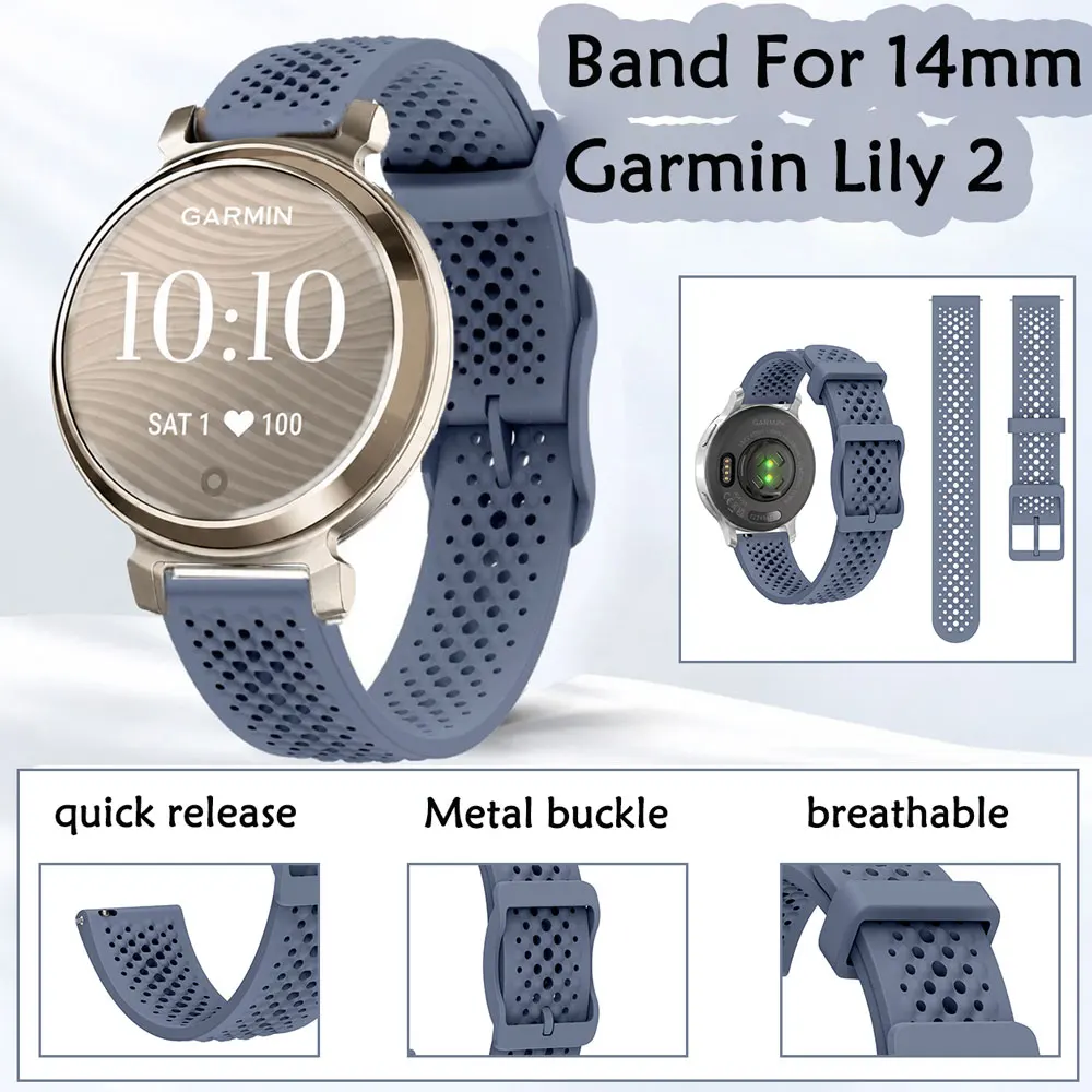 Silicone Band for Garmin Lily 2 14mm Porous Breathable Design Unisex Breathable  Replacement Watch Strap for Garmin Lily 2 Band