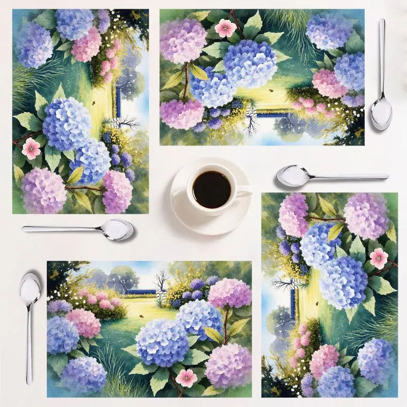 

Набор подставок для столовых приборов из 4 предметов, дизайн яркой гортензии, прямоугольный, легко чистится, идеально подходит для кухонного декора и сбора.